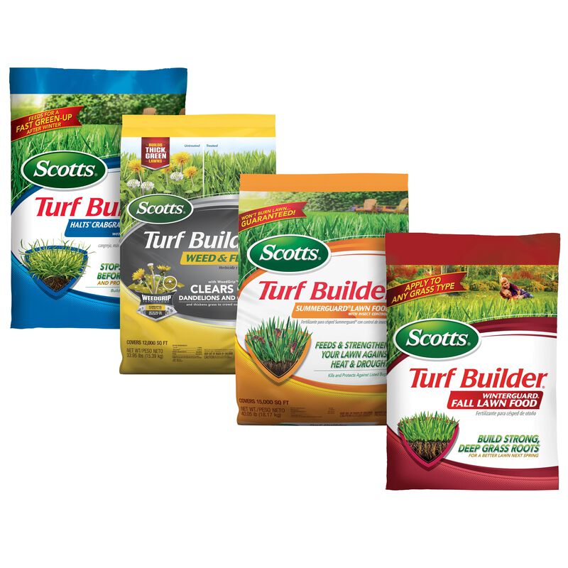 Scotts&reg; Turf Builder&reg; Halts Crabgrass Preventer, Weed & Feed₅, SummerGuard and WinterGuard, 4 Bag Bundle, Large Lawns image number null